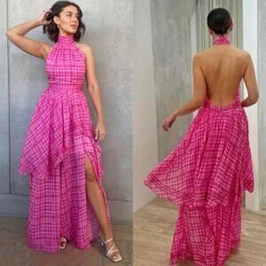 Aje Bungalow Sienna Gingham Halter Neck Maxi Dress Gown Pink AU Size 6 US Size 2